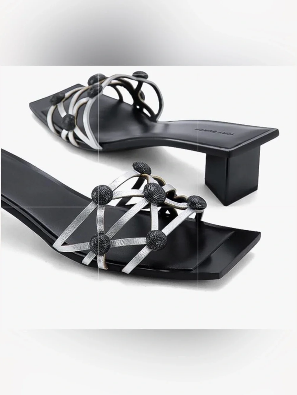 Tory Burch Black Crystal Bobble Silver Metallic Leather Square Toe Low Heels 8.5